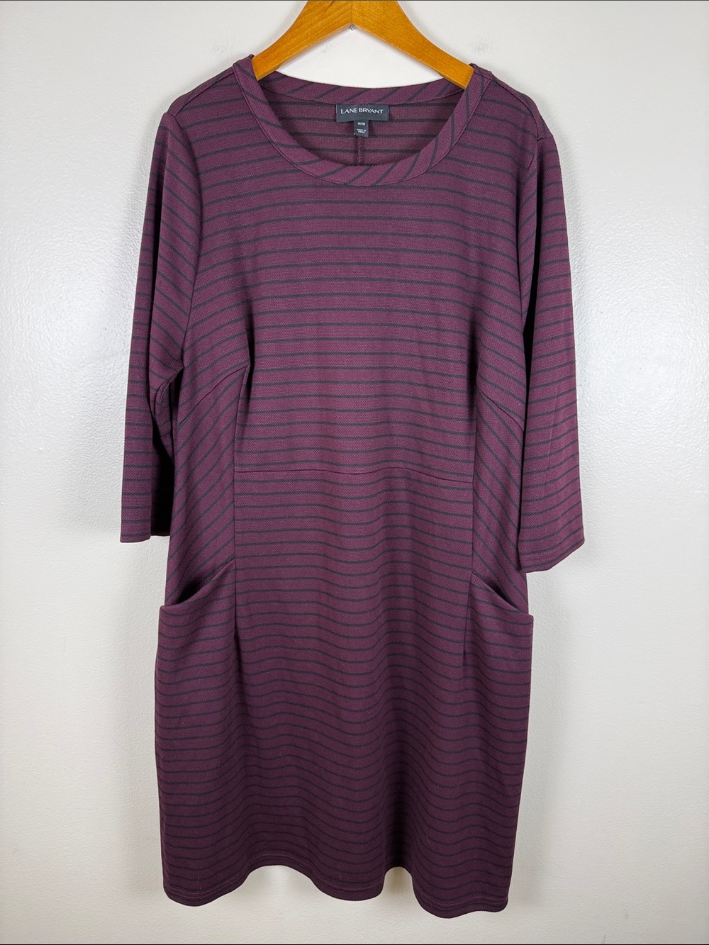Lane Bryant Plum & Black Striped Midi Dress with Pockets. Size 14/16